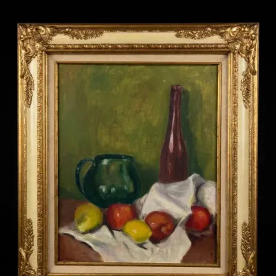 Vintage Still Life Oil Painting Fruit Wine Bottle Green Pitcher Ornate Gold Frame