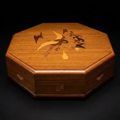 Vintage Asian Octagonal Wood Trinket Box Inlaid Bird Floral Design