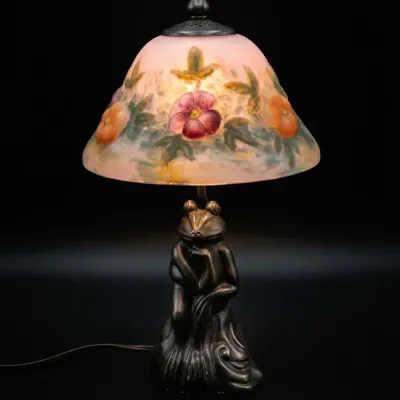 Art Nouveau Style Frog Table Lamp with Hand-Painted Floral Glass Shade