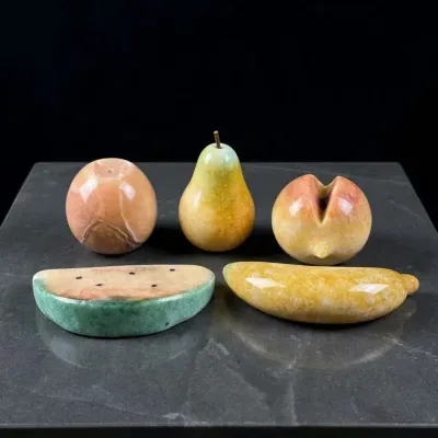 Vintage Polished Stone Fruit Collection Set of 5 Marble Onyx Decorative Pieces