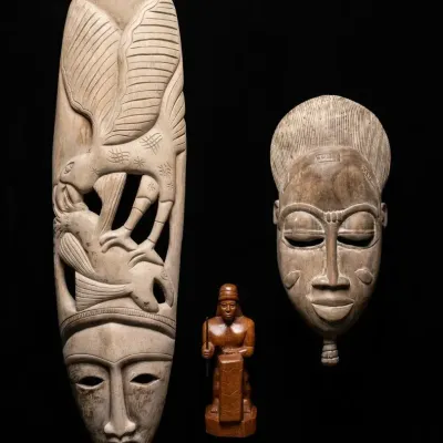 Vintage African Tribal Carved Wood Masks & Figurine Folk Art Collection Lot