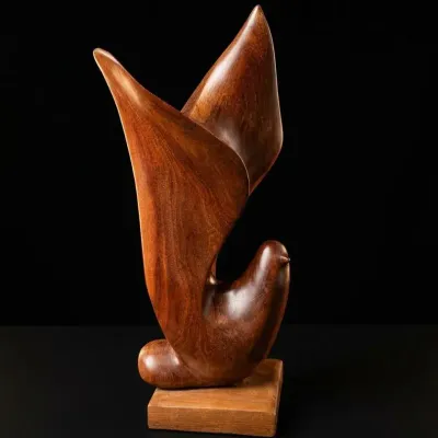 Vintage Mid Century Modern Abstract Carved Wood Bird Sculpture on Base