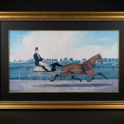 Vintage Equestrian Horse & Sulky Racing Carriage Artwork Ornate Gold Frame