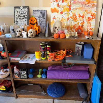 Sale Photo Thumbnail #150: Wooden shelving unit filled with a assortment of items, including Halloween decorations, small dumbbells, yoga mats, and hand tools.
