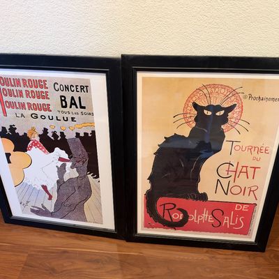 Pair of framed vintage French Art Nouveau poster prints featuring Toulouse-Lautrec's Moulin Rouge and Steinlen's Tournée du...