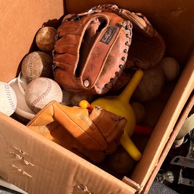 Cardboard box containing vintage leather baseball gloves and a collection of worn baseballs and softball gear.