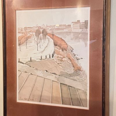Framed watercolor landscape painting signed G. W. Kirby-Green '79, set in a double mat and metallic wood frame.