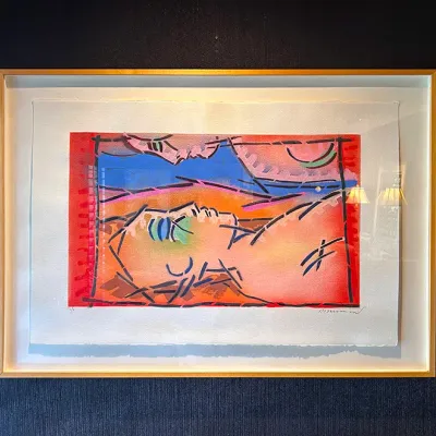 Sale Photo Thumbnail #14: Framed contemporary abstract lithograph on deckle-edge paper, pencil-signed and numbered in a sleek gold frame.
