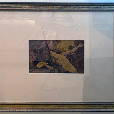 Sale Photo Thumbnail #197: Framed classical style artwork print under glass, set in a wide white mat and a molded gilt wooden frame.