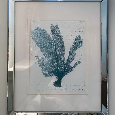 Sale Photo Thumbnail #194: Coastal-themed framed art print depicting blue sea fan coral over script handwriting, encased in a mirrored bevel-edged frame.