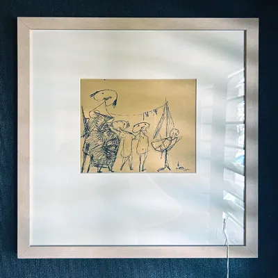 Sale Photo Thumbnail #10: Framed original ink sketch depicting abstract figures, presented with a wide white mat and light wood frame.