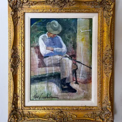 Sale Photo Thumbnail #52: Impressionist-style oil painting depicting a seated man in a hat with a walking stick, housed in an ornate gilded gesso frame with a linen liner.