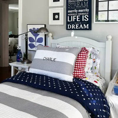 Sale Photo Thumbnail #32: White beadboard twin bed set with star and stripe bedding, complemented by wall art and a metal desk lamp on a white nightstand.