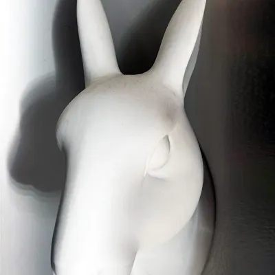 Sale Photo Thumbnail #25: White ceramic or plaster rabbit head wall bust in a minimalist, modern style.