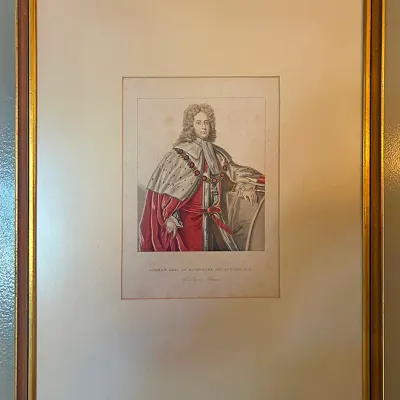 Sale Photo Thumbnail #131: Framed antique hand-colored engraving depicting John 5th Earl of Roxburghe, presented in an off-white mat and a gilt wooden frame.