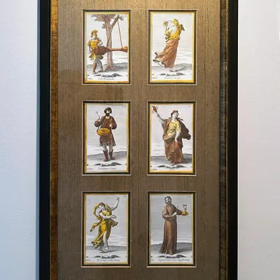 Sale Photo Thumbnail #33: Framed set of six Italian classical figure engravings, matted on textured silk fabric within a dark wood frame with gilt inner beveling.