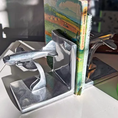 Sale Photo Thumbnail #26: Pair of polished cast aluminum airplane bookends in an Art Deco style, holding two vintage children's books.