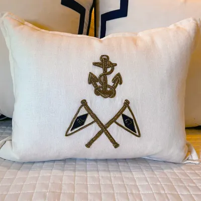 Sale Photo Thumbnail #216: White Ralph Lauren nautical-themed accent pillow featuring metallic embroidered anchor and crossed flags motif.