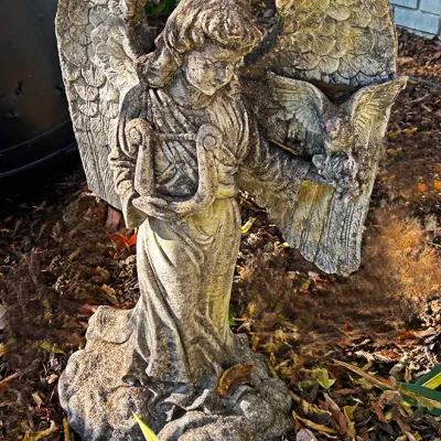 Sale Photo Thumbnail #227: Weathered cast concrete garden statue of a winged angel holding a lyre and a dove, featuring detailed feather textures and a natural aged patina.