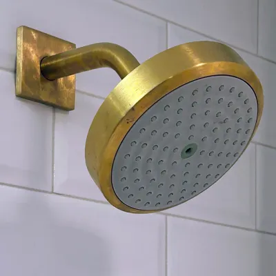 Sale Photo Thumbnail #173: Brushed brass shower head with square wall flange, mounted on white subway tile.