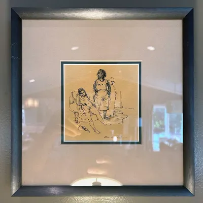 Sale Photo Thumbnail #68: Framed ink sketch on paper featuring a group figure drawing, signed by the artist at the lower right.