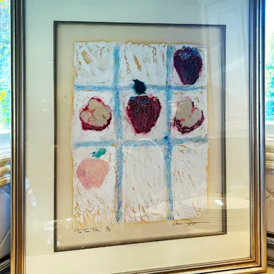 Sale Photo Thumbnail #44: Framed mixed media artwork titled "Tic-Tac-Toe" on handmade paper, signed by the artist in a silver-finish frame.