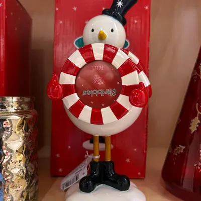 Sale Photo Thumbnail #90: Russ Berrie Skribbles ceramic snowman picture frame figurine, complete with its original red display box.