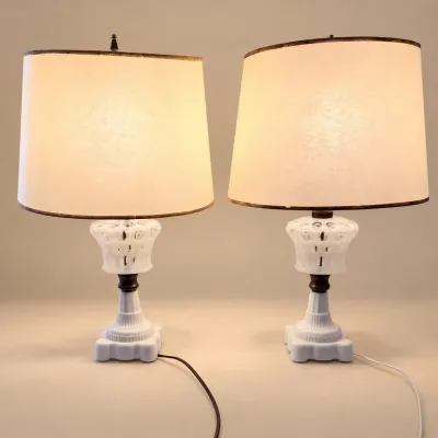 Sale Photo Thumbnail #6: Pair of vintage milk glass table lamps featuring Fenton coin dot pattern urns on pedestal bases, topped with cream drum shades.
