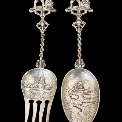 Sale Photo Thumbnail #109: Sterling Silver Marshall Field & Co Dutch Style Salad Servers appr 156.4g