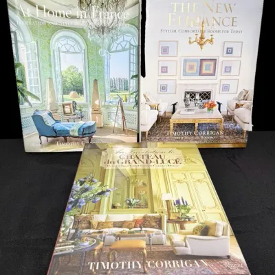 Sale Photo Thumbnail #25: Trio of interior design coffee table books by Timothy Corrigan published by Rizzoli, including 'At Home in France', 'The New Elegance', and 'An Invitation to Château du Grand-Lucé'.