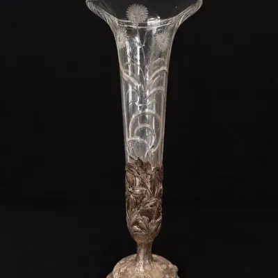 Sale Photo Thumbnail #66: Antique Art Nouveau etched glass trumpet vase set in a sterling silver or silver-plated floral repoussé base.