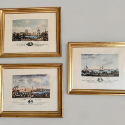 Sale Photo Thumbnail #91: 3 Nicolas Marie Ozanne French Harbor Etchings w/ Gold Tone Frames