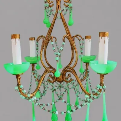 Sale Photo Thumbnail #96: Vintage gilt metal chandelier accented with glowing green glass drops, bobeches, and beaded strands, styled in a French provincial design.