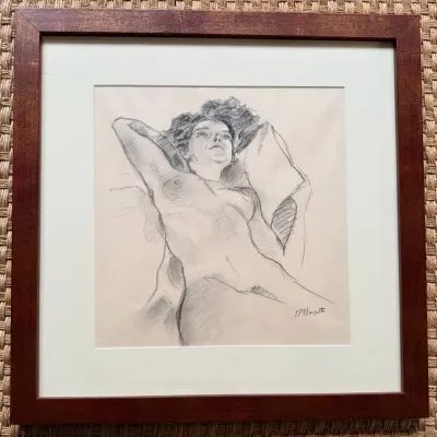 Sale Photo Thumbnail #88: Framed pencil sketch drawing depicting a reclining female figure, signed by the artist in the lower right corner.