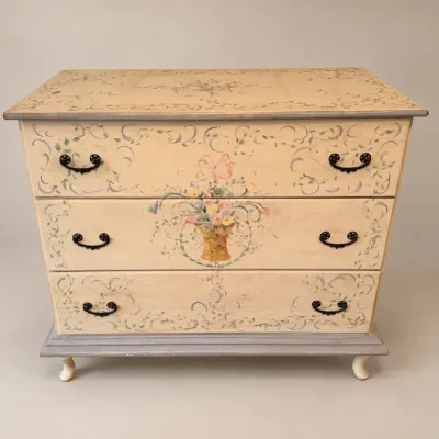 Sale Photo Thumbnail #42: Hand-painted three-drawer dresser featuring floral bouquet motif and scrolling vine accents on a cream finish.