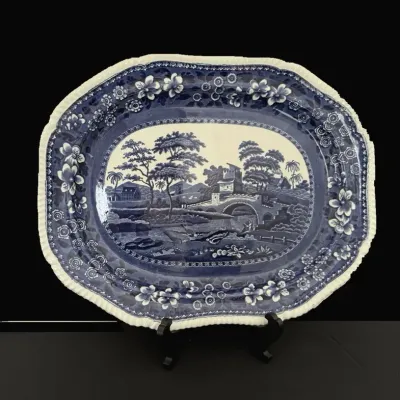 Sale Photo Thumbnail #65: Spode antique blue and white Staffordshire flow blue transferware serving platter.