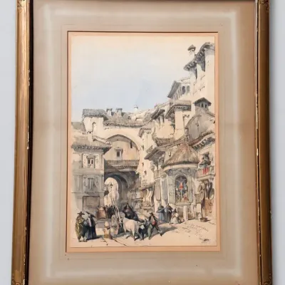 Sale Photo Thumbnail #47: Framed watercolor print depicting a bustling European street scene with architectural arches and figures, set in a carved giltwood frame.