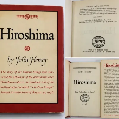 Sale Photo Thumbnail #77: First edition copy of 'Hiroshima' by John Hersey, published in 1946 by Alfred A. Knopf, complete with original dust jacket showing minor shelf wear.