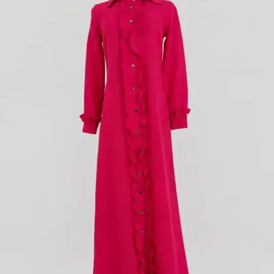 Sale Photo Thumbnail #37: Vintage 1970s vibrant magenta long-sleeve maxi dress featuring a ruffle-trimmed front placket and button-down detail.