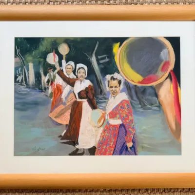Sale Photo Thumbnail #93: Framed pastel painting depicting women in traditional folk costumes playing tambourines, presented in a light wood frame with a white mat.
