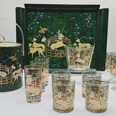 Vintage 14 Piece Cera "Hunt of the Unicorn" Barware Set