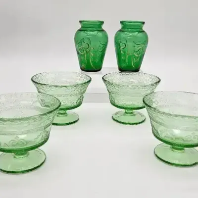 (4) Uranium Glass Sorbet Glasses, and (2) Small Green Vases