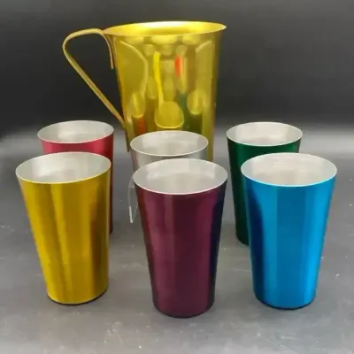 Mid-Century Colorful Aluminum Pitcher & Tumbler Set