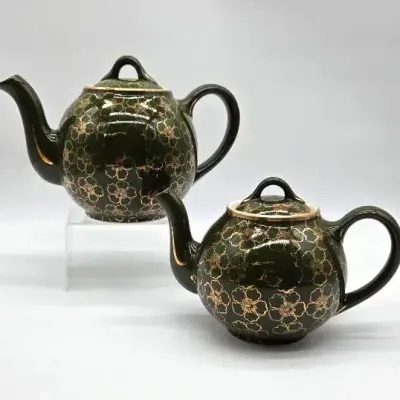 (2) Hall China Green French Flower Teapots 