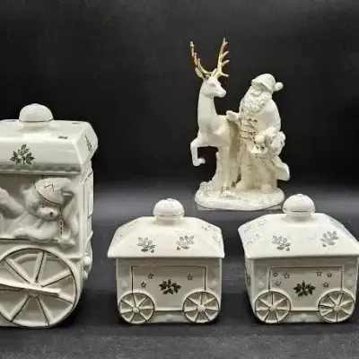 International Bazaar Christmas Holly Train Set & Mikasa Santa W/ Reindeer 
