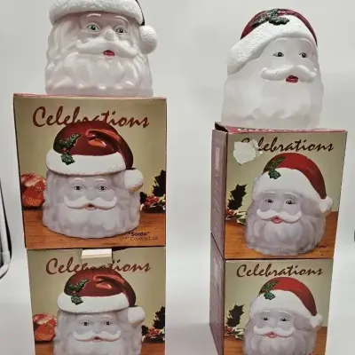 Celebrations (2) Santa Covered Jars & (2) Santa Votives- New