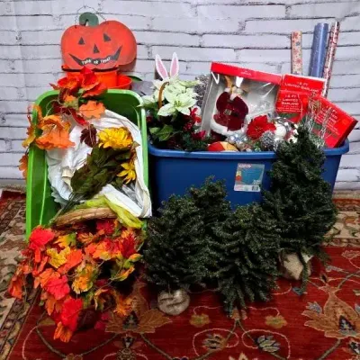 Mystery Lot- (2) Bins of Assorted Holiday Decor