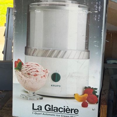 Sale Photo Thumbnail #224: Vintage Krups La Glacière 1-quart automatic ice cream maker, in its original box showing shelf wear.