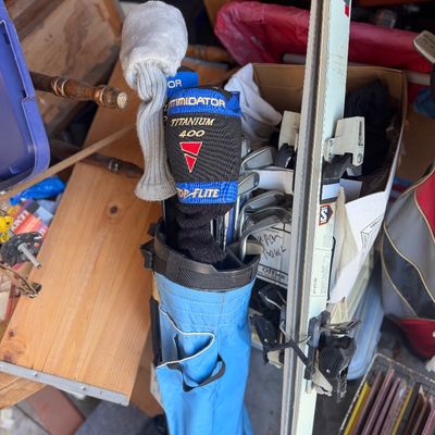 Sale Photo Thumbnail #52: Blue golf stand bag filled with golf clubs, including a Top-Flite Intimidator Titanium 400 driver with headcover, alongside a pair of vintage snow skis with bindings.