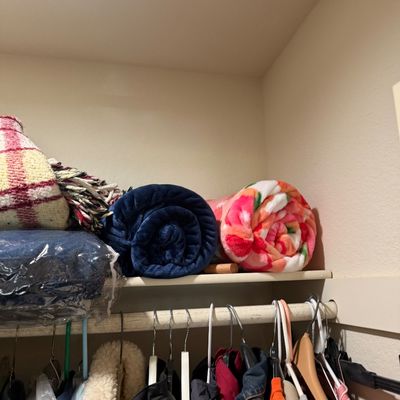 Sale Photo Thumbnail #180: Assorted rolled fleece and plush throw blankets resting on a closet shelf above hanging clothing.